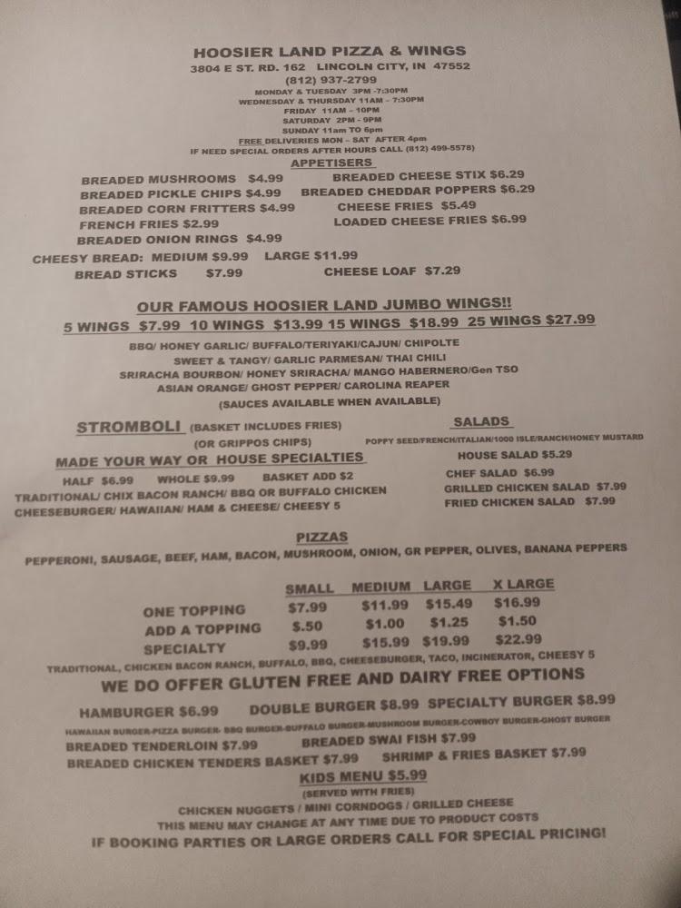Hoosier Land Pizza & Wings Menu image 1